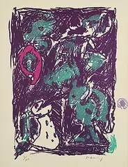 Pierre Alechinsky, Untitled - Abstract Purple and Green #6/100, colour lithograph on paper