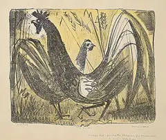 Maxwell Bennett Bates, Cock and Hen #Artist's Proof, 1955, colour lithograph on paper