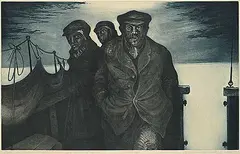 David Blackwood, Captain Ned Bishop with Officers On the Bridge of the S.S. Eagle #Artist's Proof, 1969, colour etching on paper