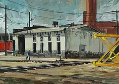 William Roy Brownridge, Stationary Boiler Building, Calgary, Alyth Yards, 1975, acrylic on wood board