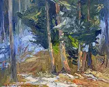 Orestes de Grandmaison, Snow Patches in the Jack Pine, oil on canvas board