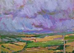 Julia Hamilton, Storm Over Springbank, oil on wood board