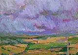 Julia Hamilton, Storm Over Springbank, oil on wood board