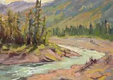 Kathy M. Haycock, Elbow River [West of Bragg Creek, Alberta, Kananaskis Country, Canada], oil on wood board