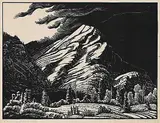 Margaret Shelton, Last Peak at Exshaw #8/50, 1944, lino block on paper