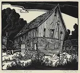 Margaret Shelton, Shook's Barn, Hatzic #57/100, 1942, lino block on paper