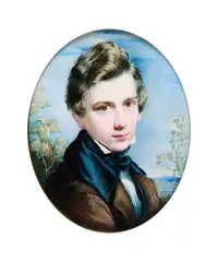 John Douglas Miller, Portrait Of George Richmond After The Self Portrait Painted In 1830, watercolour on ivory gilt metal mount set into fitted leather case oval