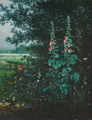 Léon Bonvin, Still Life With Hollyhocks, Cornflowers, Poppies, Willows And Butterflies At The Edge Of A Wood, watercolour and gouache with gum arabic on paper