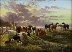 John Frederick Herring, Jr., Cattle, Goats And Horses By A Stream At Sunset, oil on canvas