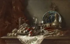 Gustave Emile Couder, Still Life Of Fruit, Glass And Other Vessels, oil on canvas