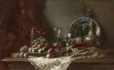 Gustave Emile Couder, Still Life Of Fruit, Glass And Other Vessels, oil on canvas