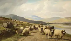 William Sidney Cooper, Sheep By A Loch, oil on canvas