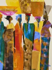 Larry Otoo, Five Market Women, acrylic on canvas