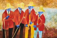 Stephen Gwoktcho, The Elders, acrylic on bark cloth