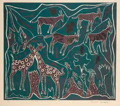 Thamae Kaashe, Two Giraffes And Other Creatures, pencil lower margin linocut printed in colours on wove paper with margins