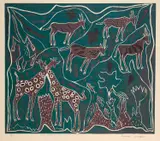 Thamae Kaashe, Two Giraffes And Other Creatures, pencil lower margin linocut printed in colours on wove paper with margins