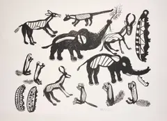 Qwaa, Elephants And Creatures, pencil lower margin lithograph on wove paper with full margins