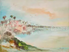 Ali Bayoumi, Village By The Shore, oil on canvas