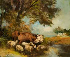 Fouad Tag, Cows, oil on board