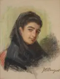 John Bagnold Burgess Ra, Study Of A Young Spanish Woman, chalks on grey paper