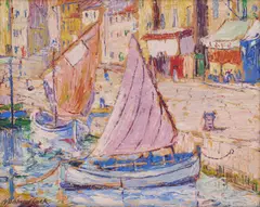 Arthur Baker-Clack, Boats In The Harbour, Etaples, oil on paper