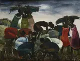 Sam Joseph Ntiro, Harvesting, oil on canvas