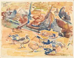 Mohammad Naghi, Ducks On The Shore, watercolour on paper