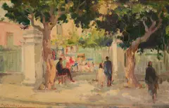 Kamel Moustafa, A Man Displaying Art On Railings, oil on board
