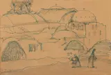 Ragheb Ayad, A View Of Wadi El Natroun Monasteries, pen and indian ink on paper