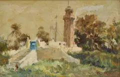 Kamel Moustafa, A Tower In A Rural Area, oil on panel
