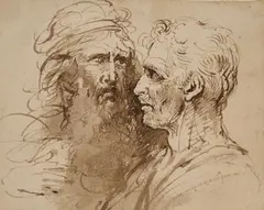 William Lock, Studies Of Two Heads, pen and brown ink and wash on buff paper