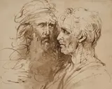 William Lock, Studies Of Two Heads, pen and brown ink and wash on buff paper