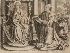 Anton Wierix II, Saint Luke Painting The Virgin, After Quentin Matsys, engraving in black on off-white laid paper 22 × 29 cm