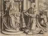 Anton Wierix II, Saint Luke Painting The Virgin, After Quentin Matsys, engraving in black on off-white laid paper 22 × 29 cm