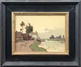 Aris Knikker, huisje langs het water, oil on panel