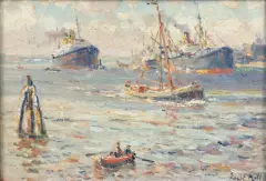 Evert Moll, schepen in de haven, oil on canvas