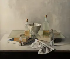 Edward Masseus, stilleven met flesjes, oil on canvas