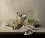 Edward Masseus, stilleven met flesjes, oil on canvas