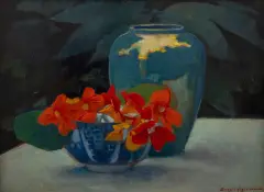 Georges Hogerwaard, stilleven met Oost-Indische kers en Chinese kom, oil on canvas
