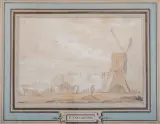 Paulus van Liender, landschap met wipmolen en kerk op de achtergrond