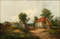 Julien Dupré, landschap met boerderij en schuren, oil on canvas