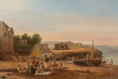 Edward C. Post, figuren aan het strand bij mediterrane nederzetting, oil on panel