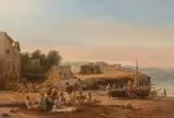 Edward C. Post, figuren aan het strand bij mediterrane nederzetting, oil on panel
