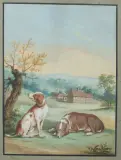 twee jachthonden in landschap by Mogelijk Christian Wilhelm Karl Kehrer, 1821, gouache on paper, sold Jul 2026