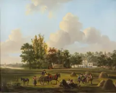 Abraham Hendrik Winter, gezicht op slot Gansoijen te Drongelen met op de voorgrond dansende boeren en hooikar bij hooischelven, oil on canvas