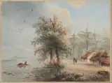 landschap met huisjes aan het water by Wijnand Johannes Josephus Nuijen, watercolor and ink on paper, sold Jul 2026