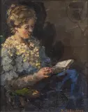 Richard Bisschop, lezende vrouw, oil on panel