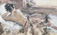 Sierk Schröder, liggende naakte vrouw op de rug gezien, watercolor and gouache on paper