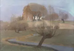 Derk Wiggers, kerkje te Persingen met knotwilg op de voorgrond, 1902, watercolor and chalk on paper