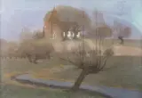 Derk Wiggers, kerkje te Persingen met knotwilg op de voorgrond, 1902, watercolor and chalk on paper